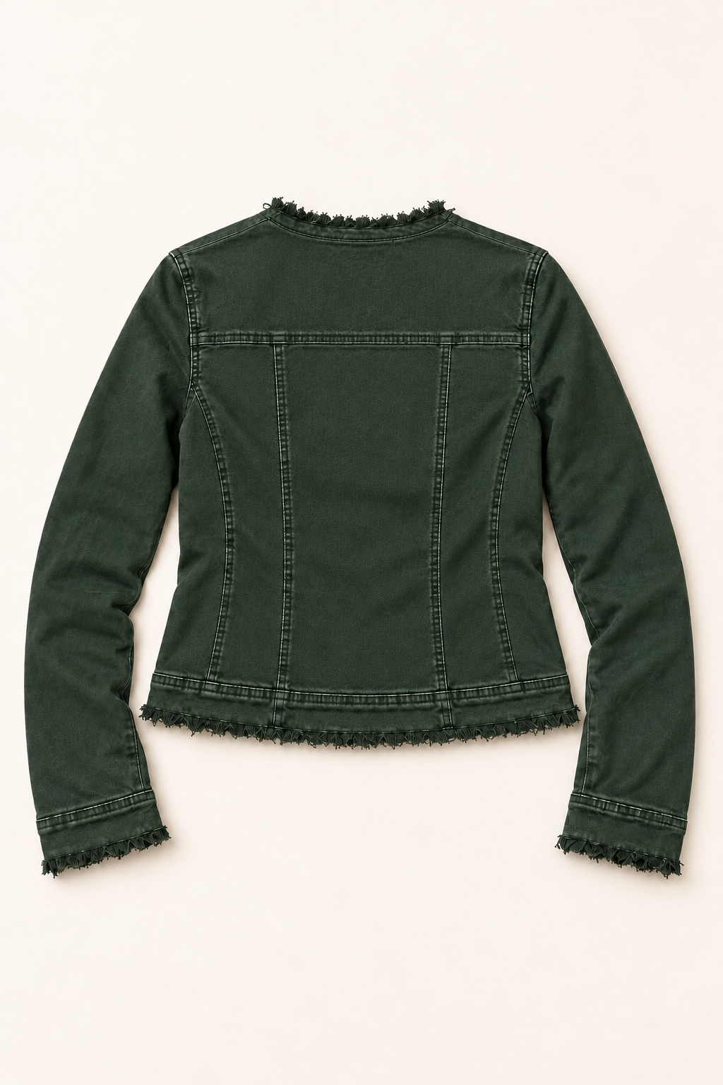 Brunsborough Frayed Edge Jacket in Forest Green, back view showing the seaming
