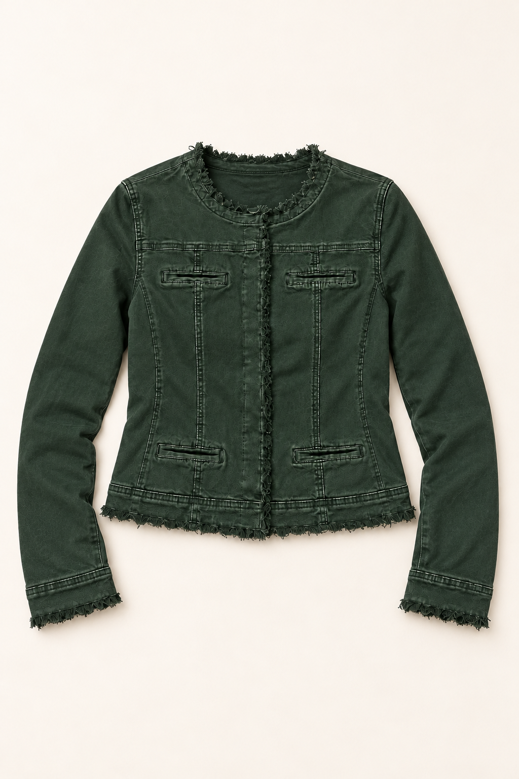 Brunsborough Frayed Edge Jacket in Forest Green, front view showing the frayed neckline, cuffs and hem