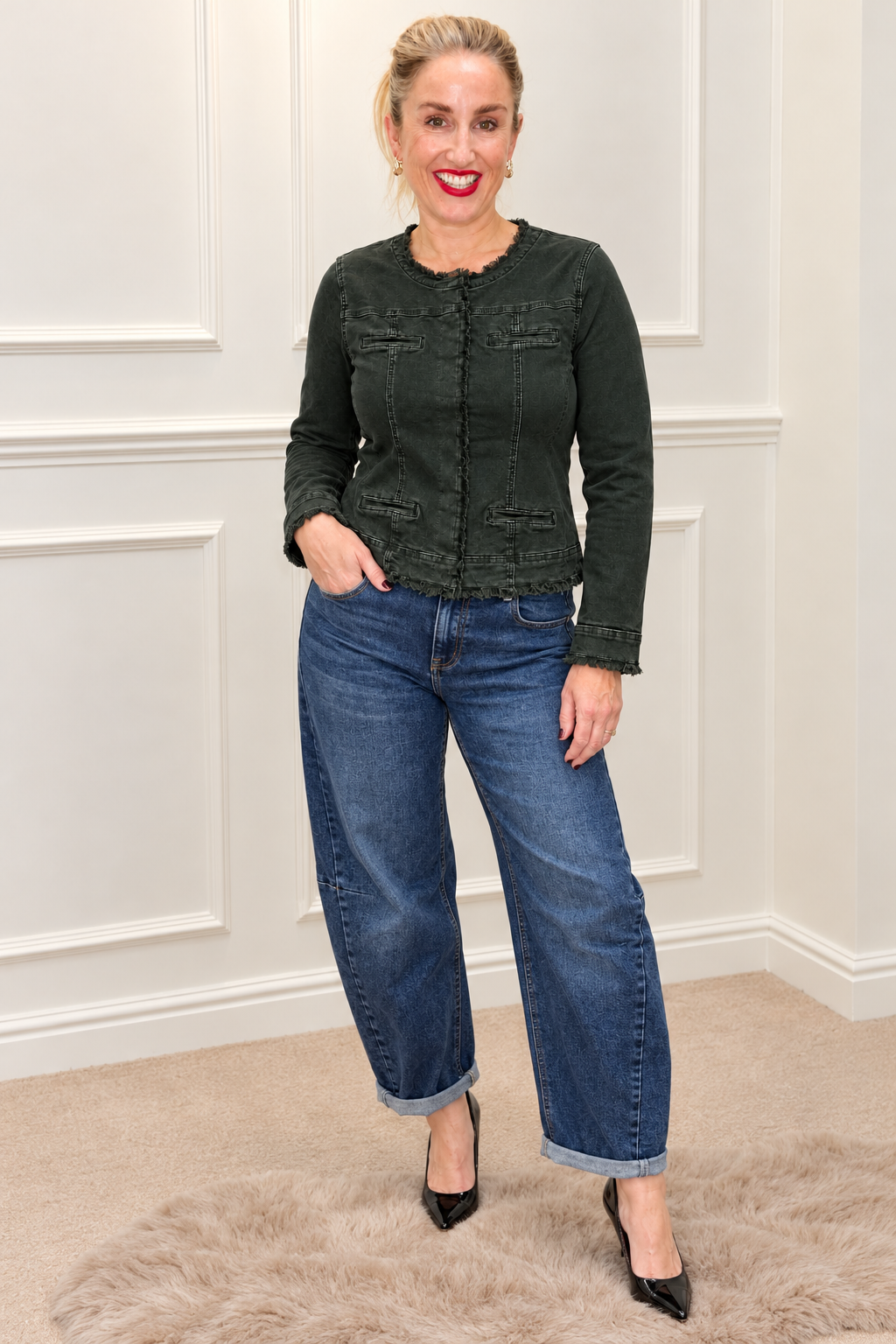 Brunsborough Frayed Edge Jacket in Forest Green with barrel jeans and heels