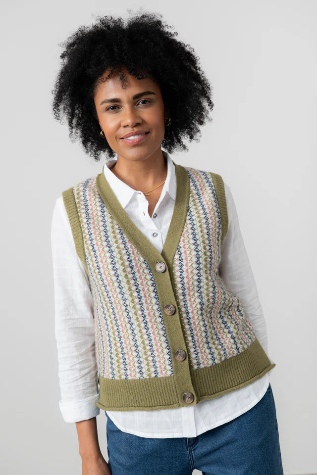 Gwyneth Fair Isle Sleeveless Cardigan, Moss image 0