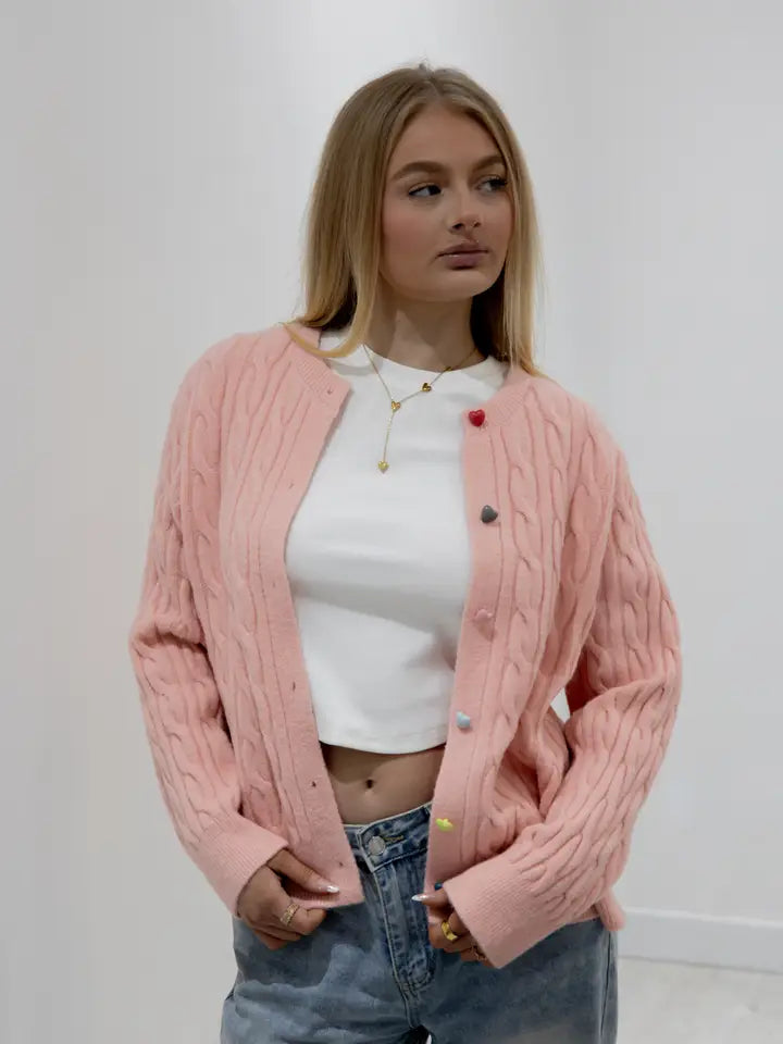 Cable Knit Button Through Cardigan, Pink image 0