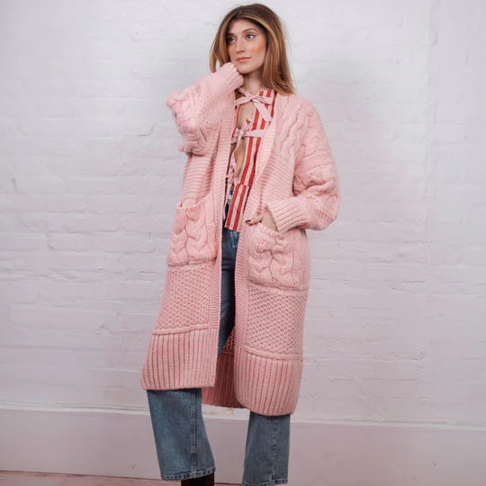 Alex Balloon Sleeve Cable Maxi Cardigan, Pink image 3