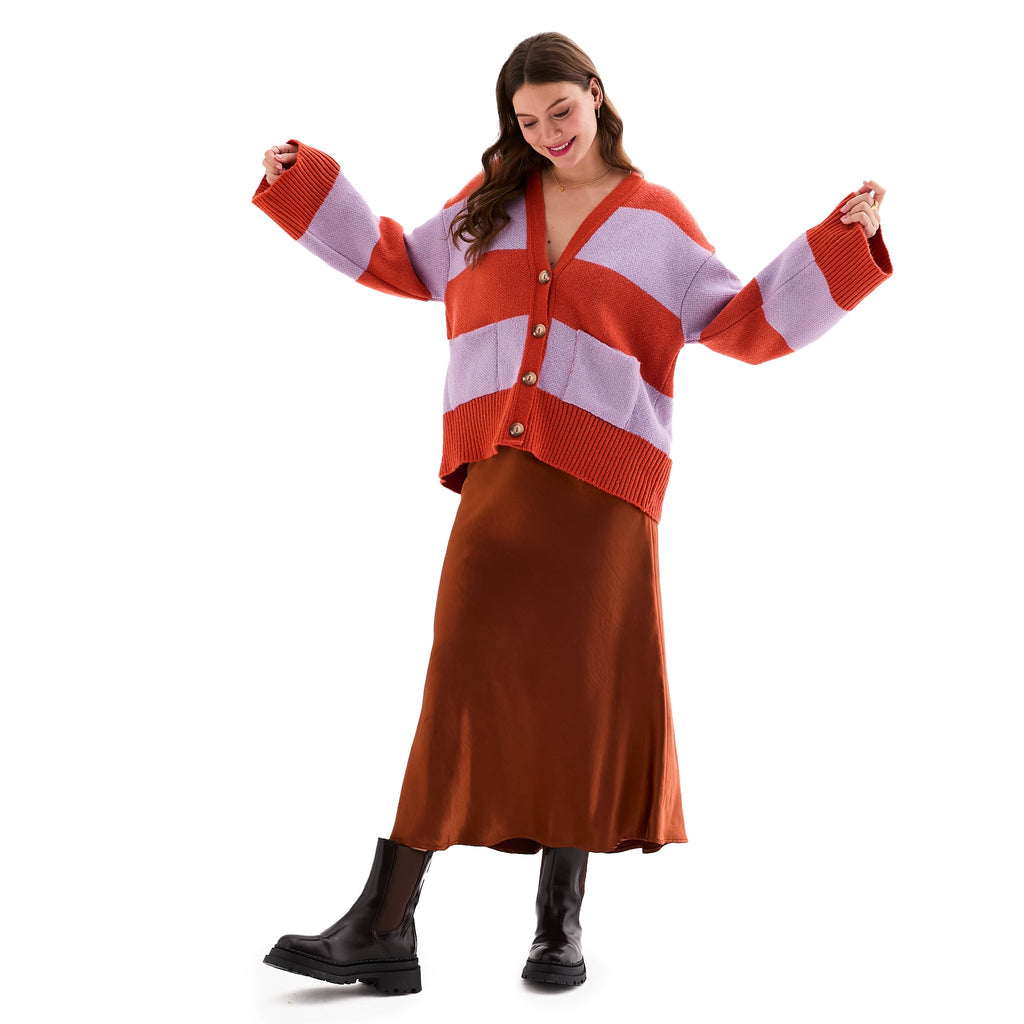 Candice Chunky Stripe Cardigan in lilac and orange, close-up of the chunky stripe knit