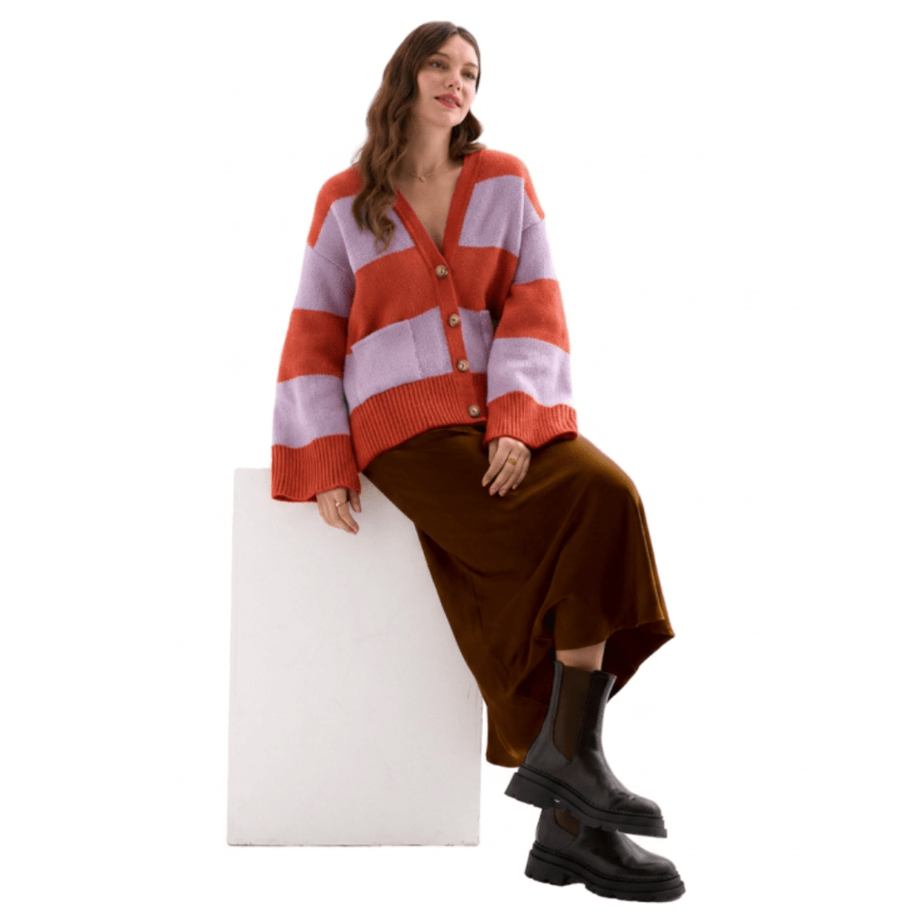 Candice Chunky Stripe Cardigan in lilac and orange, styled with a rust midi skirt and black boots