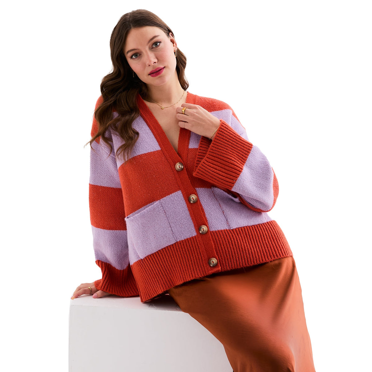 Candice Chunky Stripe Cardigan in lilac and orange, buttoned up as a top