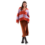 Candice Chunky Stripe Cardigan in lilac and orange, showing the generously oversized shape