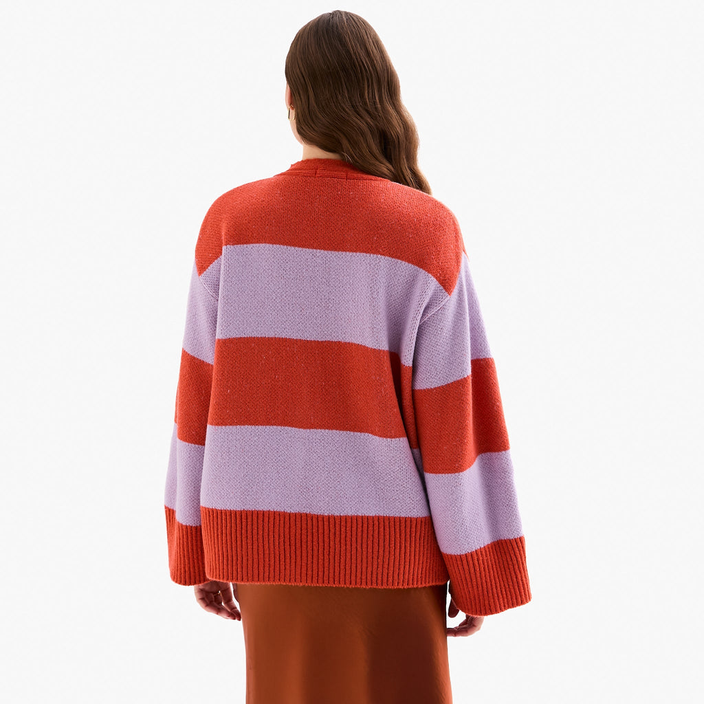 Candice Chunky Stripe Cardigan in lilac and orange, showing the V-neck and button front
