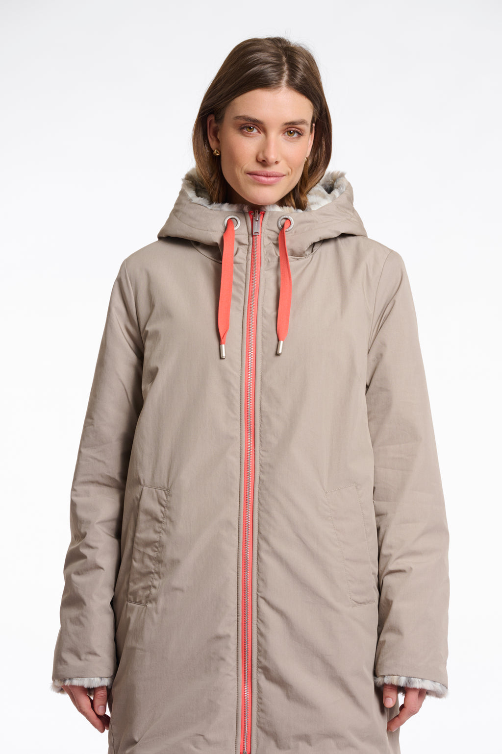 Javin Reversible Hooded Coat with Faux Fur Lining, Light Pebble and Leopard image 2