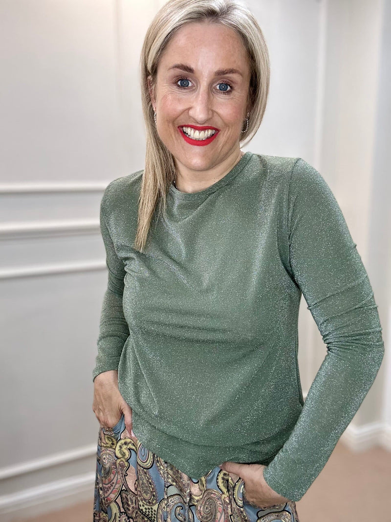 Faye Lurex Long-Sleeved Top, Olive colour image 0