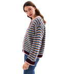 Clarisse Mini Stripe Cardigan in Burgundy, showing the shorter, boxier shape