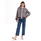 Clarisse Mini Stripe Cardigan in Burgundy, full-length view with straight-leg jeans