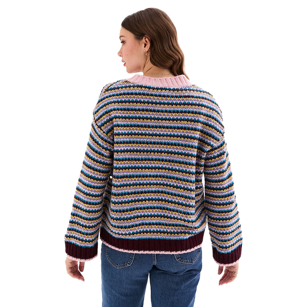 Clarisse Mini Stripe Cardigan in Burgundy, close-up of the stripe knit