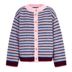 Clarisse Mini Stripe Cardigan in Burgundy, front view showing the multicolour mini stripe, pink trim and mock horn buttons