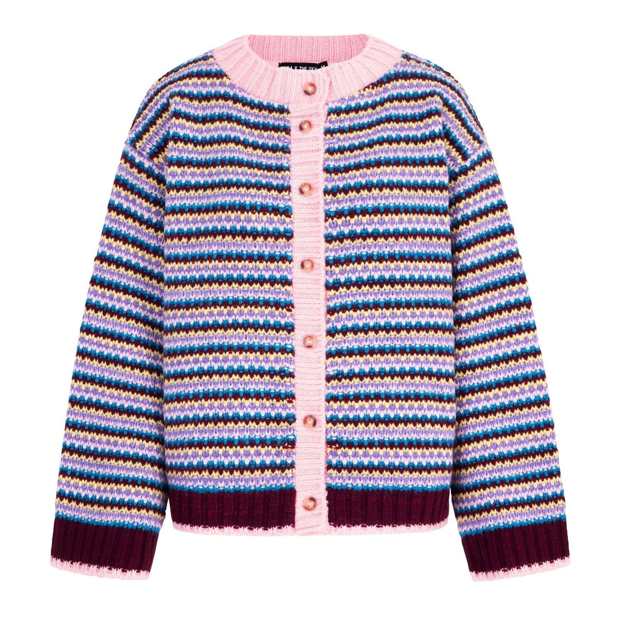 Clarisse Mini Stripe Cardigan in Burgundy, front view showing the multicolour mini stripe, pink trim and mock horn buttons