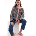 Clarisse Mini Stripe Cardigan in Burgundy, worn buttoned with jeans