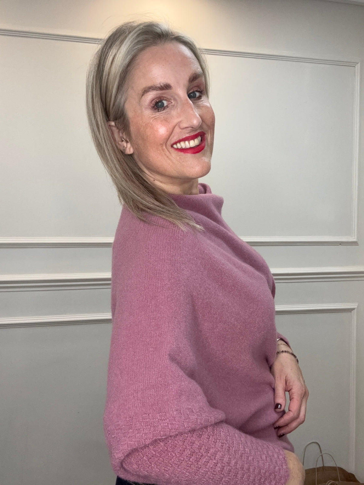 Asymmetric Knit in Cherry Yogurt, a dusky berry pink one-size knit