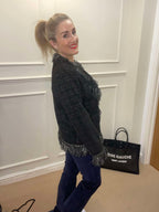 Classic Tweed Fringed Cardigan, Black image 1