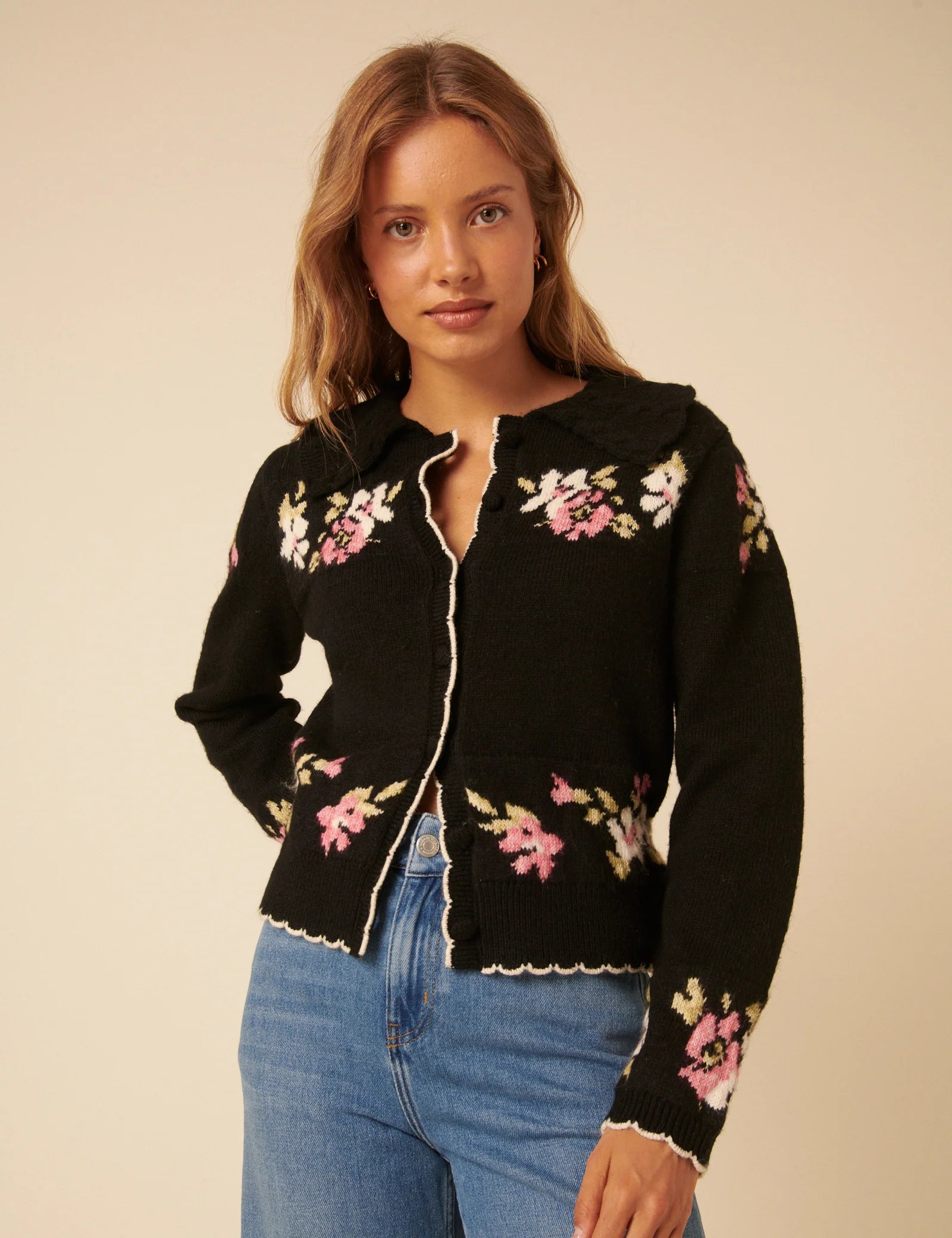 Carla Jacquard Collared Cardigan, Floral Black image 0