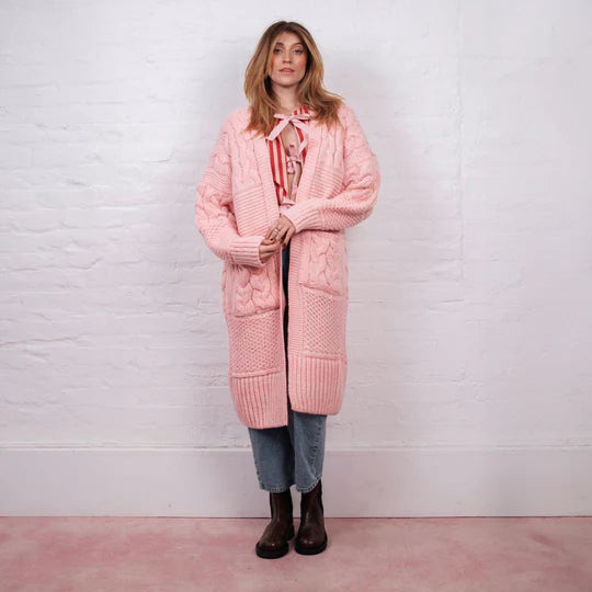 Alex Balloon Sleeve Cable Maxi Cardigan, Pink image 0