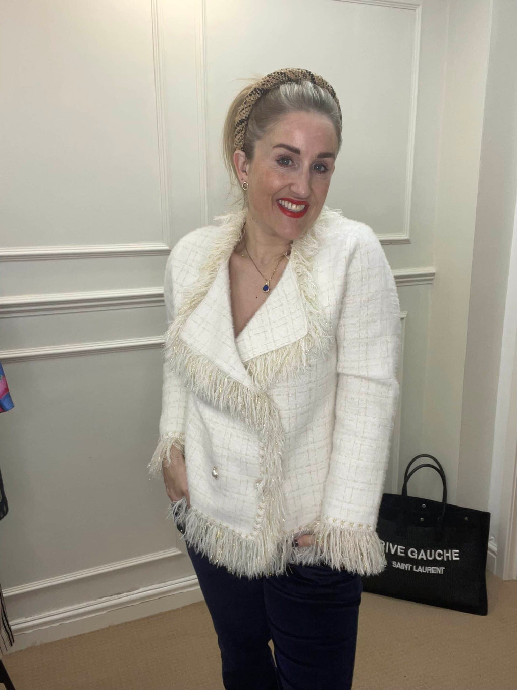 Classic Tweed Fringed Cardigan, Ivory image 1