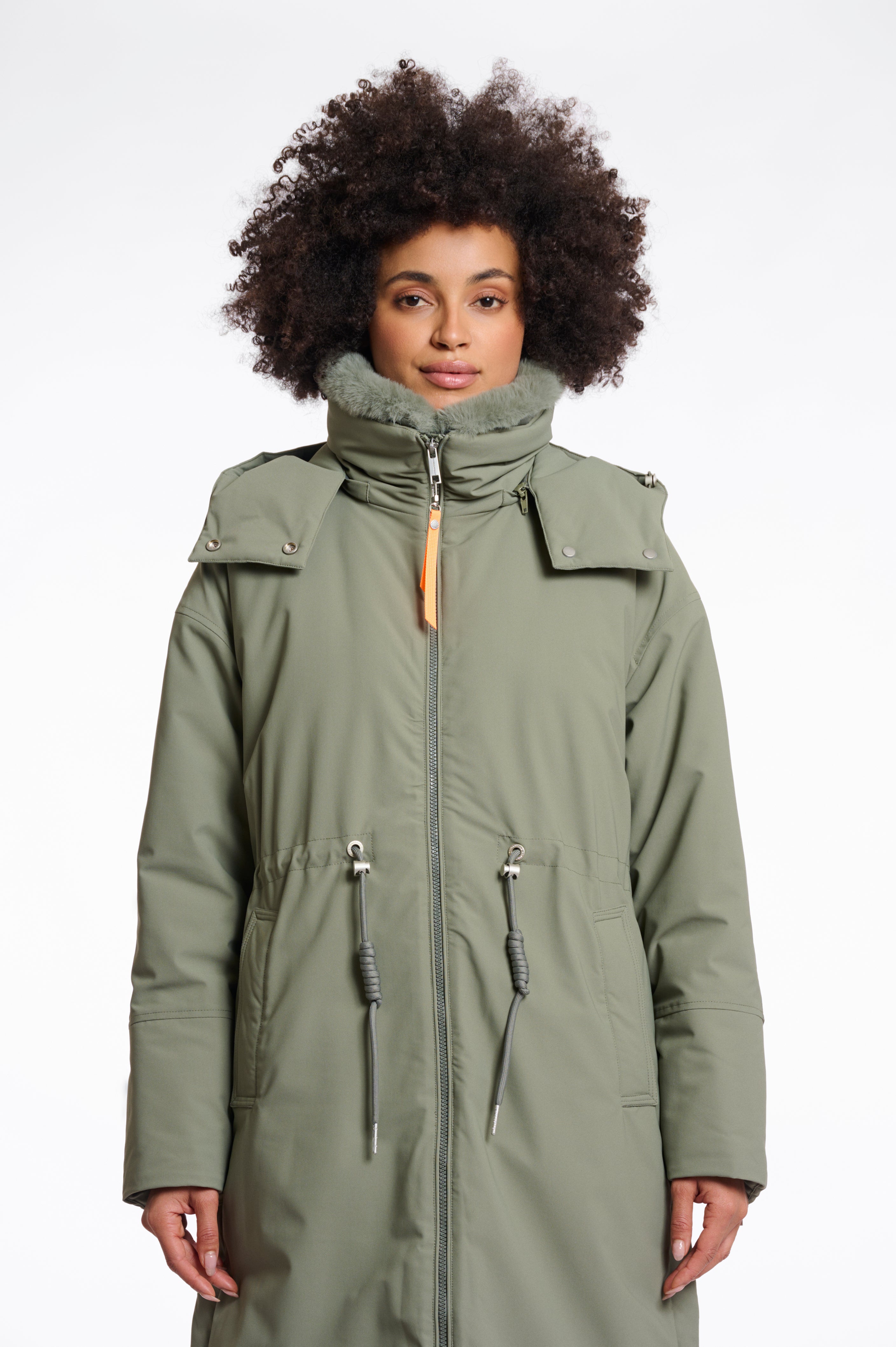 Quinte Outdoor Jacket, Detachable Faux Fur Collar, Green Ash image 1