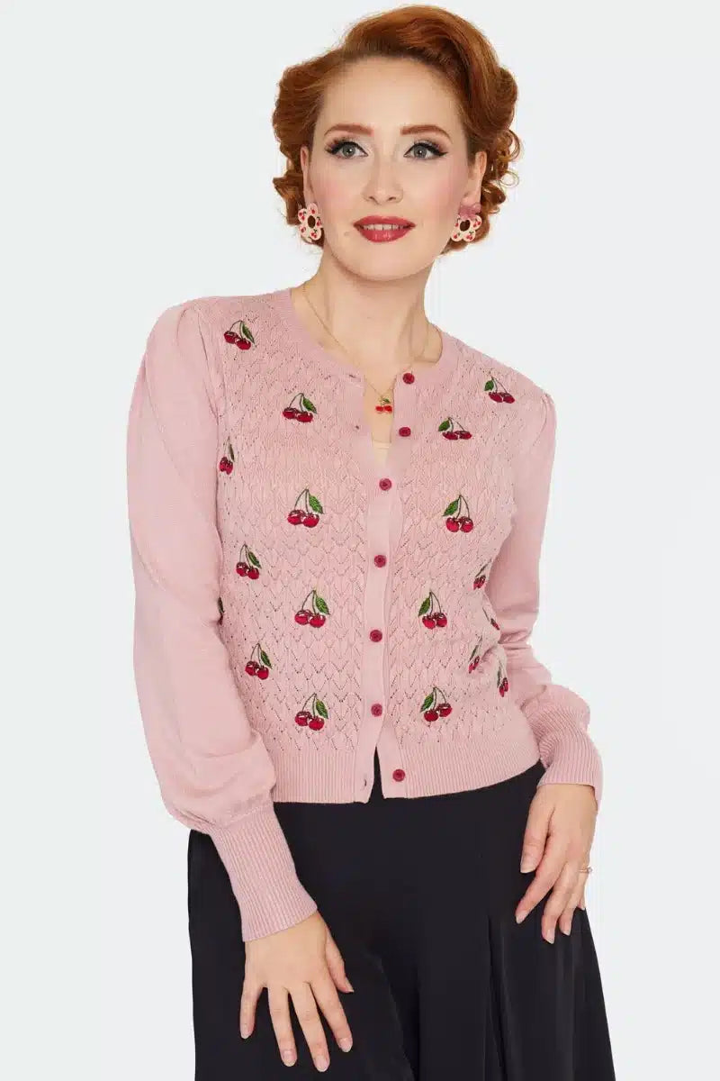 Cherry Embroidered Bell Sleeve Cardigan, Pink image 0