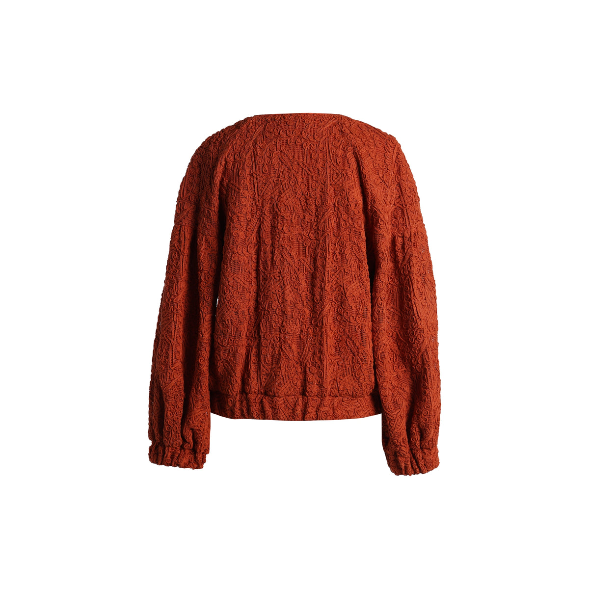 Emelia Jacket in Burnt Orange, back view showing the all-over embroidery