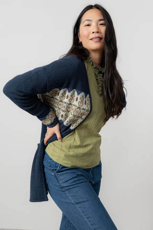 Fair Isle Longline Cardigan, Navy image 4