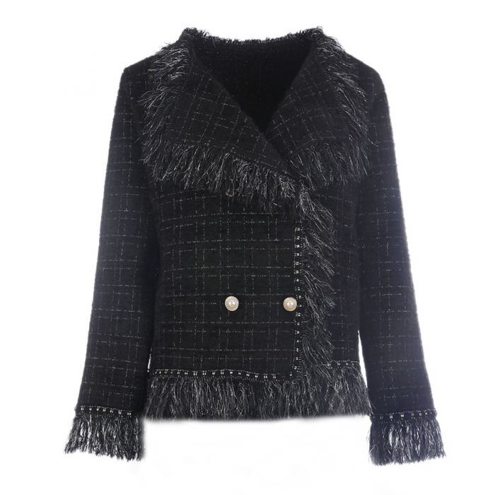 Classic Tweed Fringed Cardigan, Black image 8