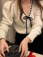 Stitch Detail Bow Tie Cardigan, White & Black image 0
