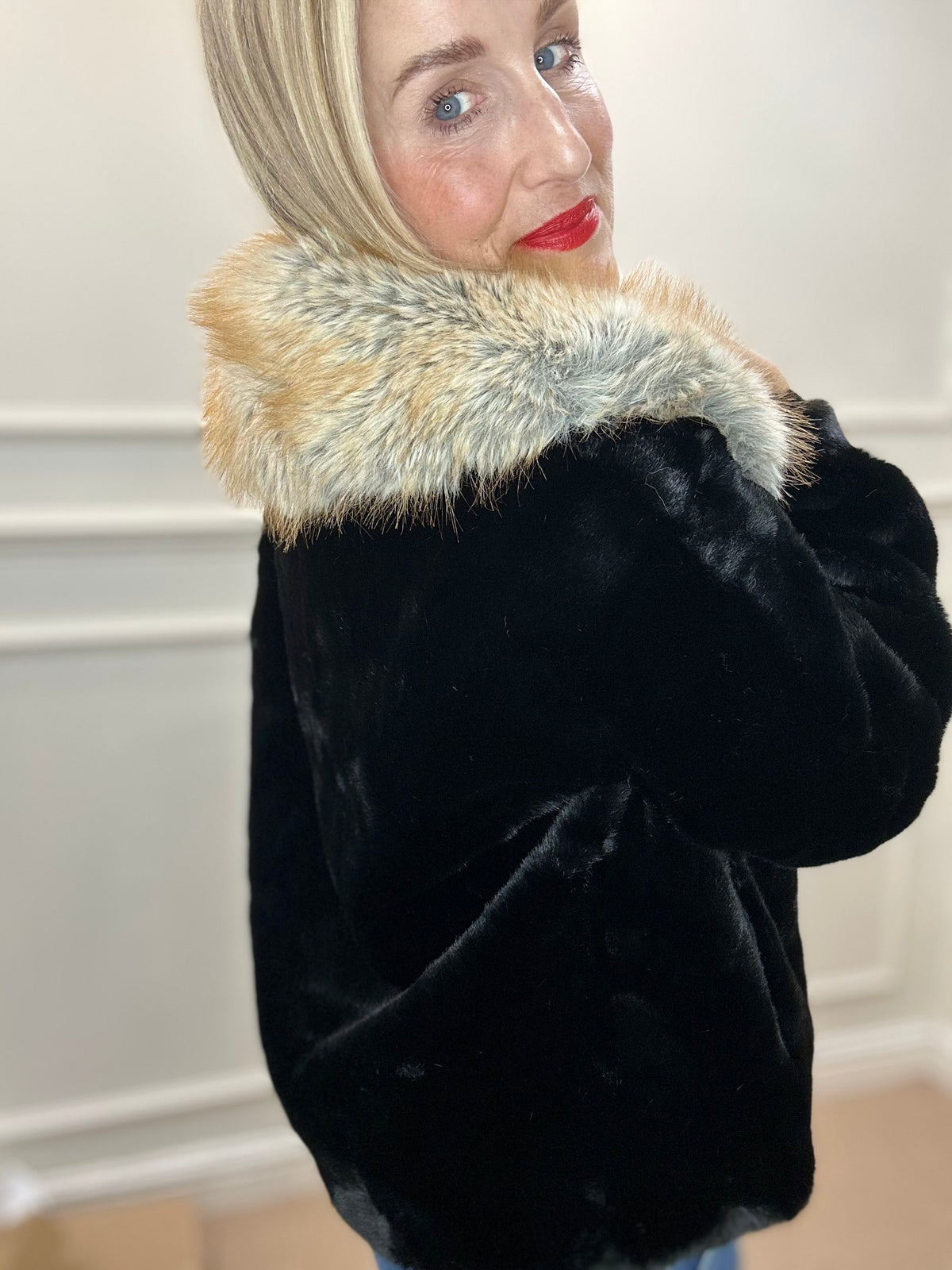 Helena Faux Fur & Velvet Coat, Black