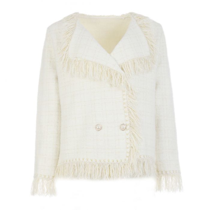 Classic Tweed Fringed Cardigan, Ivory image 9