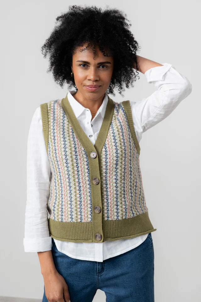 Gwyneth Fair Isle Sleeveless Cardigan, Moss image 1
