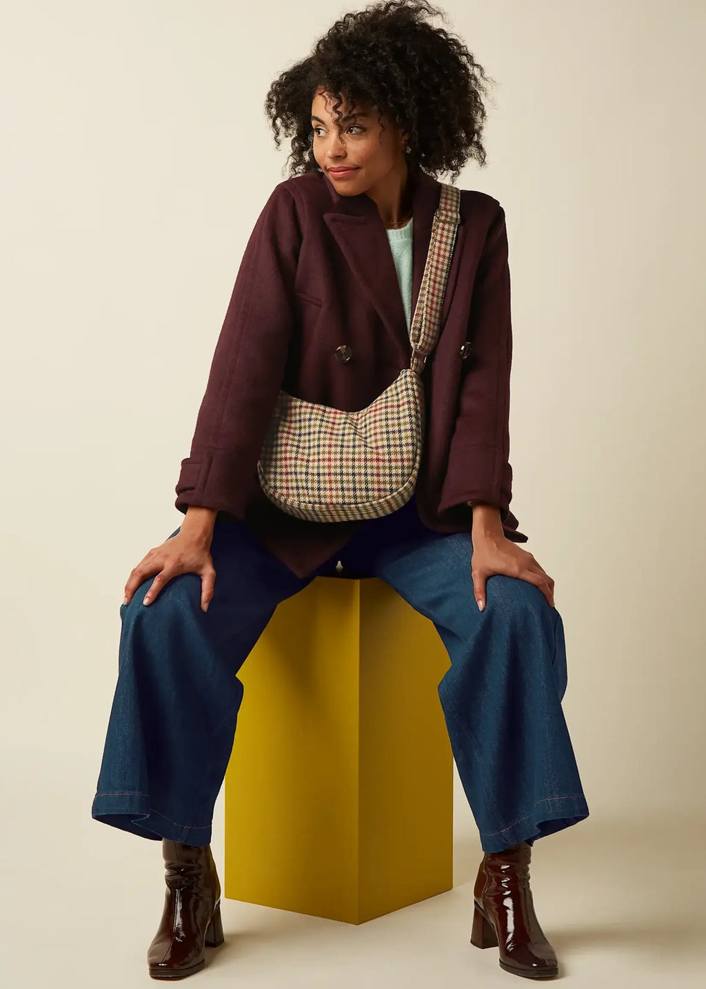 Fanny Large Basso Check Bag, Marzipan