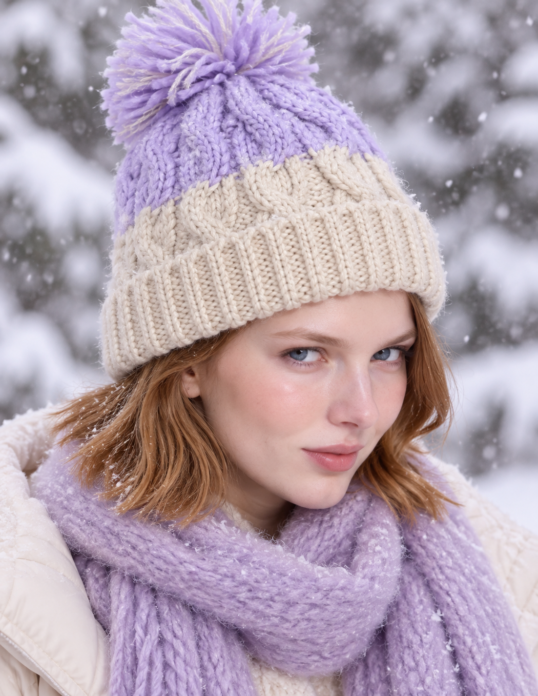 Lilia Bobble Hat, Cream and Lilac