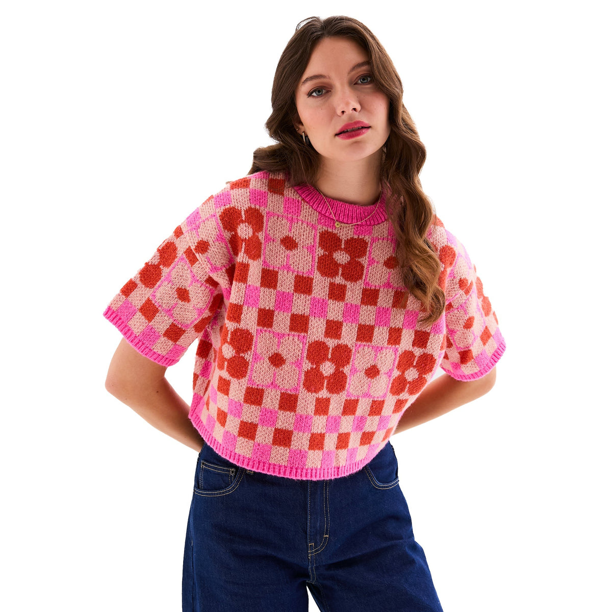 Lucky Flower Checkerboard Jumper, Pink