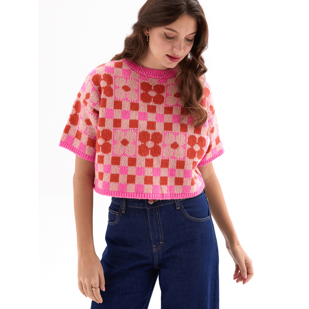 Lucky Flower Checkerboard Jumper, Pink