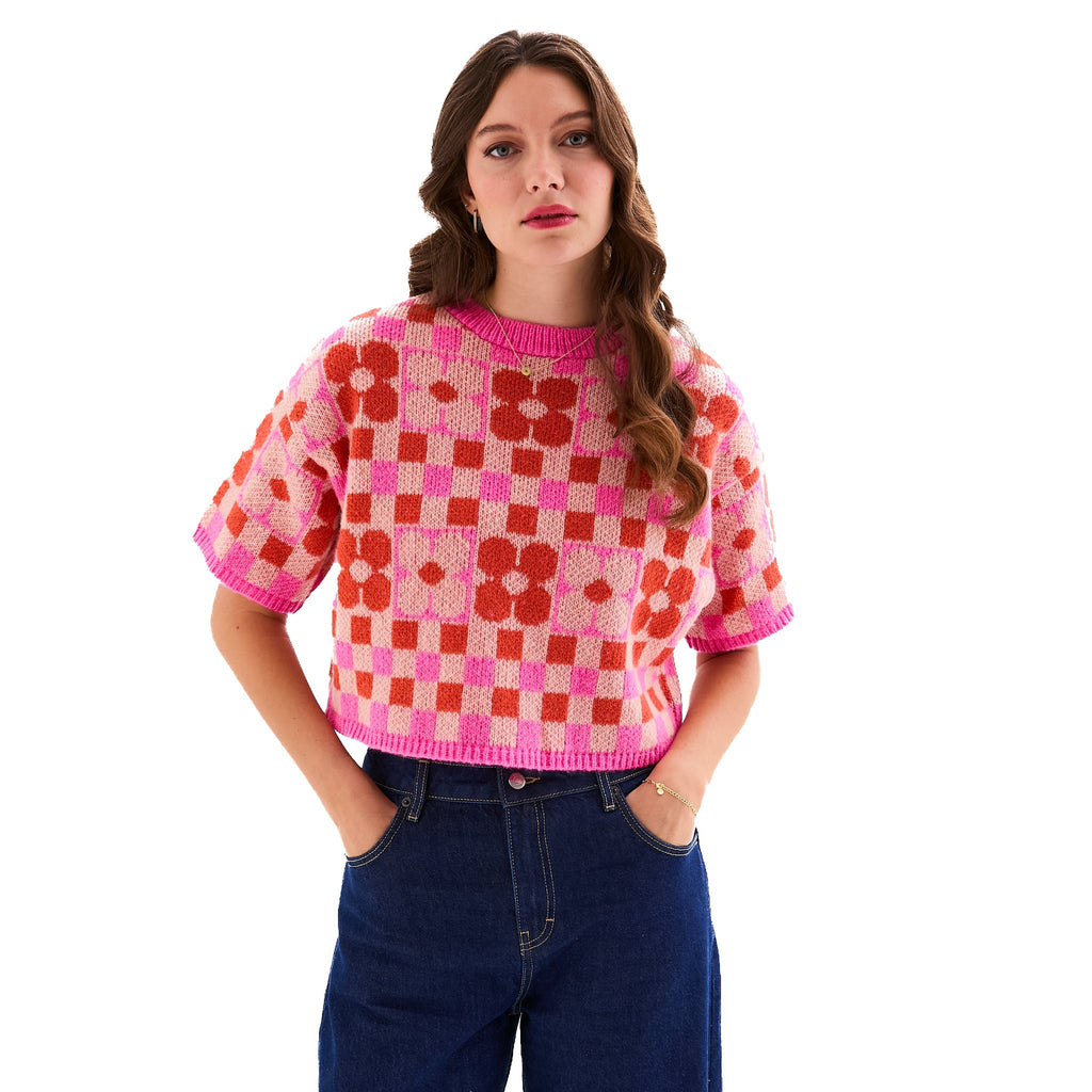 Lucky Flower Checkerboard Jumper, Pink