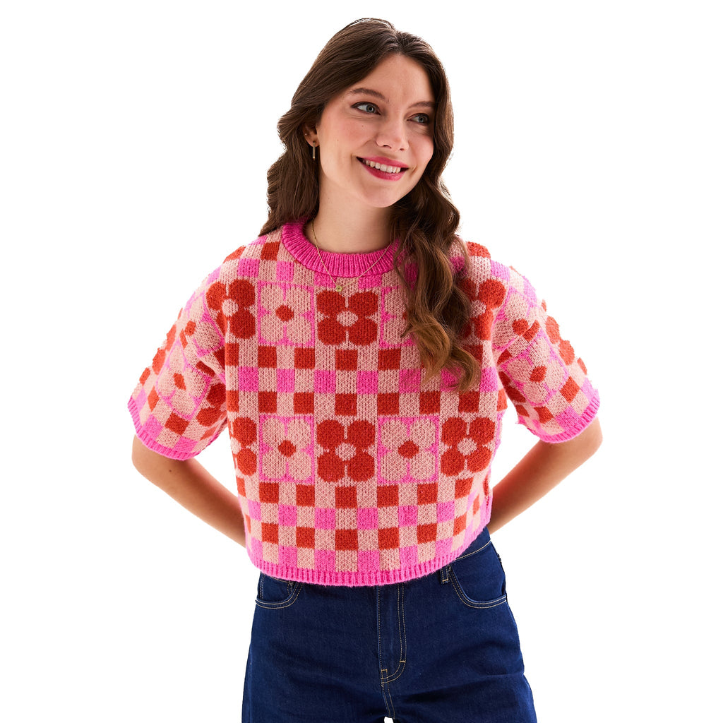 Lucky Flower Checkerboard Jumper, Pink