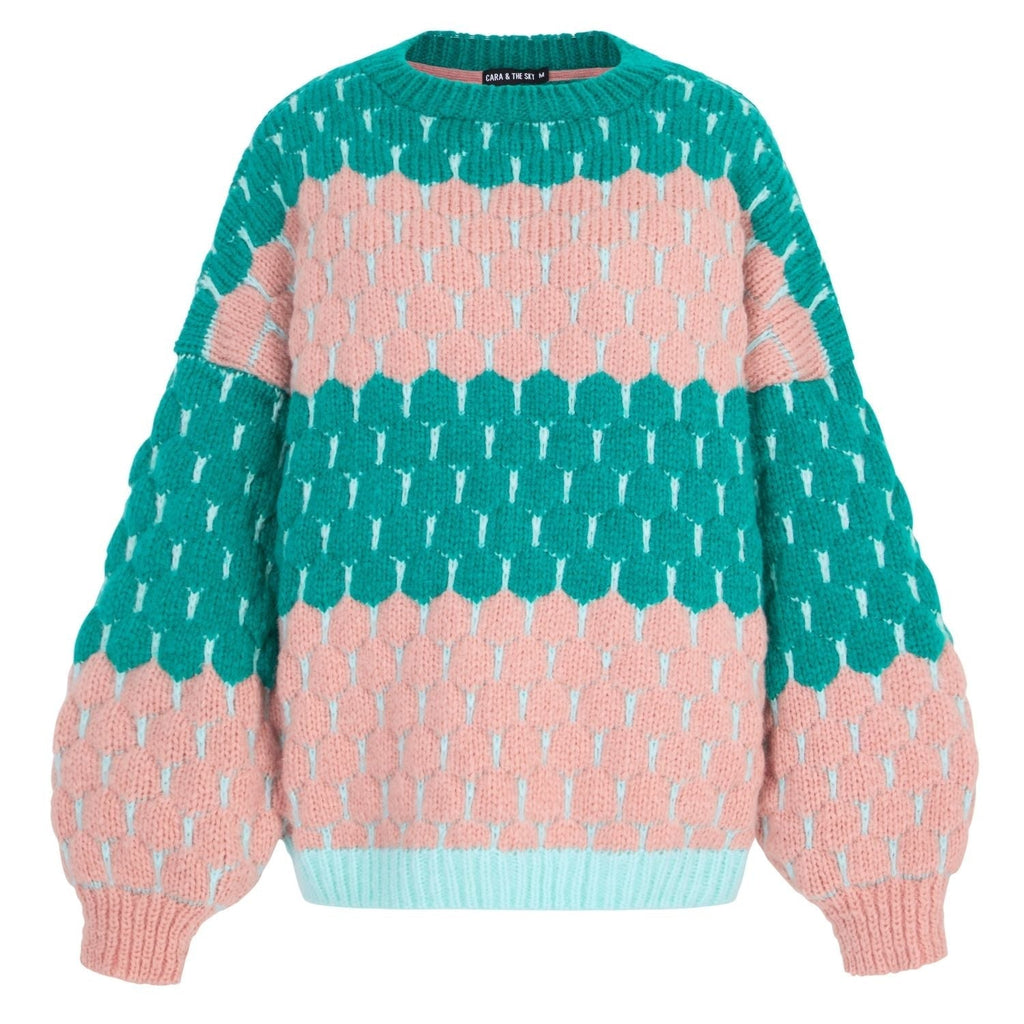 Marissa Bubble Stitch Jumper in green and pink, showing the raised bubble texture