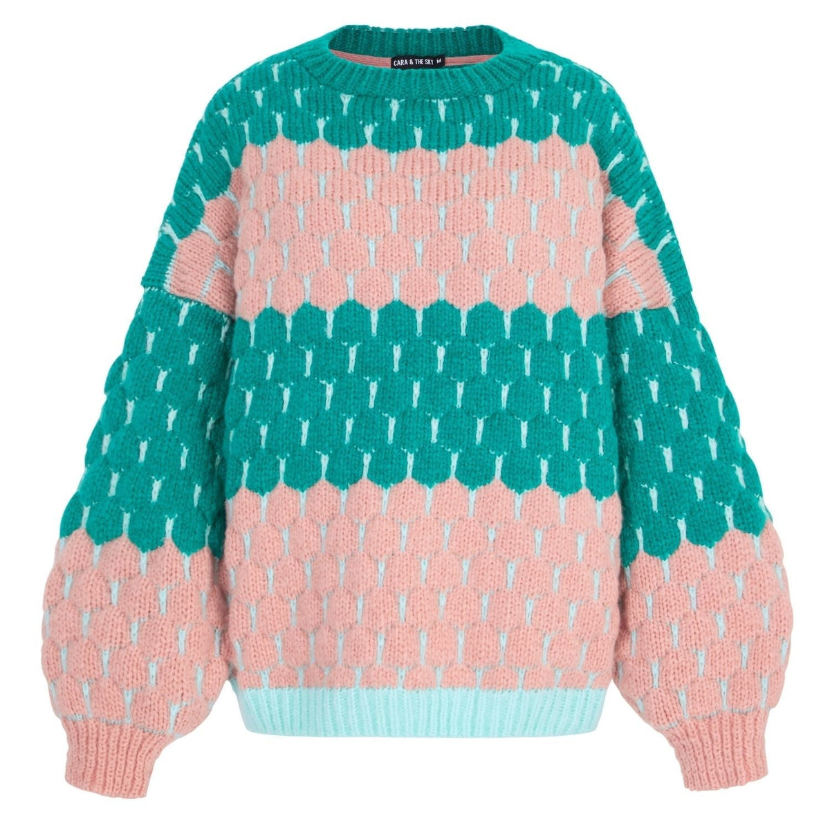 Marissa Bubble Stitch Jumper in green and pink, showing the raised bubble texture