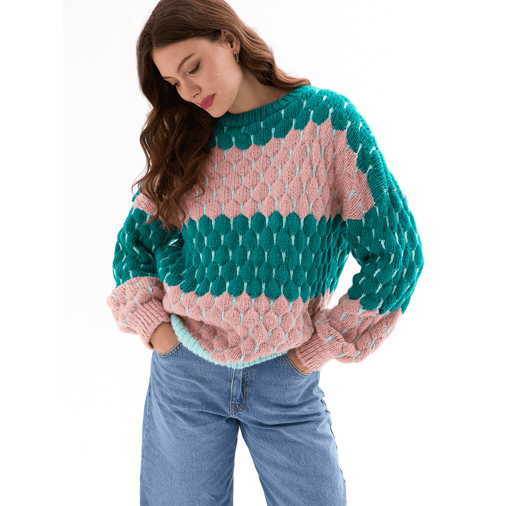 Marissa Bubble Stitch Jumper in green and pink, front view with balloon sleeves