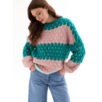 Marissa Bubble Stitch Jumper in green and pink, front view with balloon sleeves