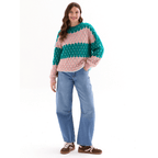 Marissa Bubble Stitch Jumper in green and pink, full-length view with wide-leg jeans and trainers