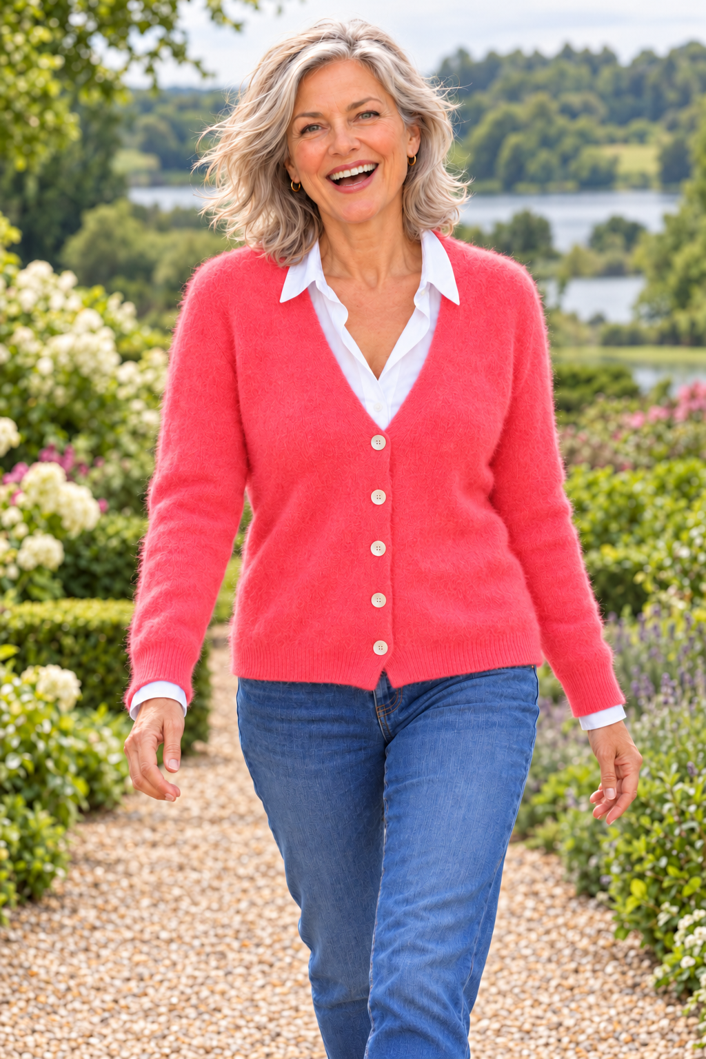 Joyful Cardigan, French Coral - front view