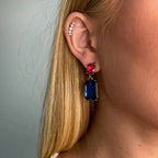 Oval Twin Gem Post Earring, Navy & Rose Pink - worn detail