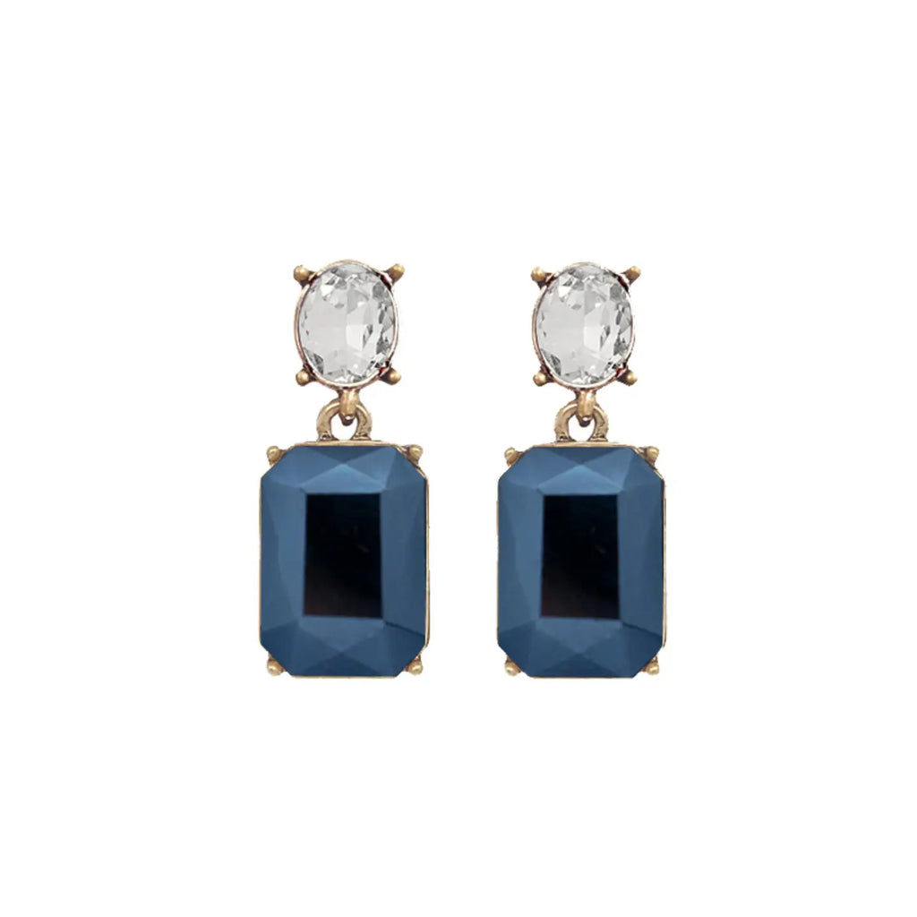 Oval Twin Gem Post Earring, Navy and Clear
