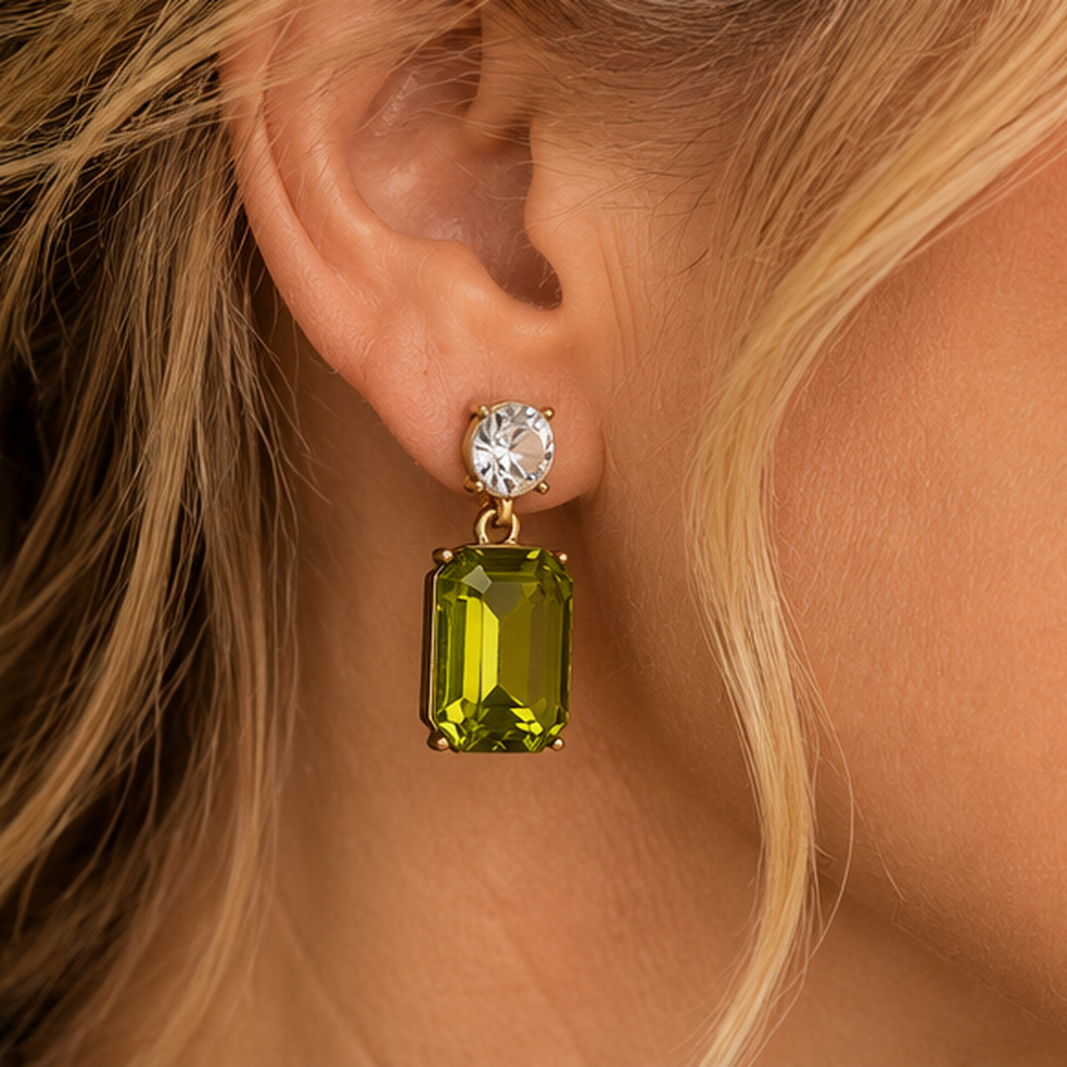 Detail of clear oval and olive-green rectangular gemstone earring worn by woman aged 50 plus