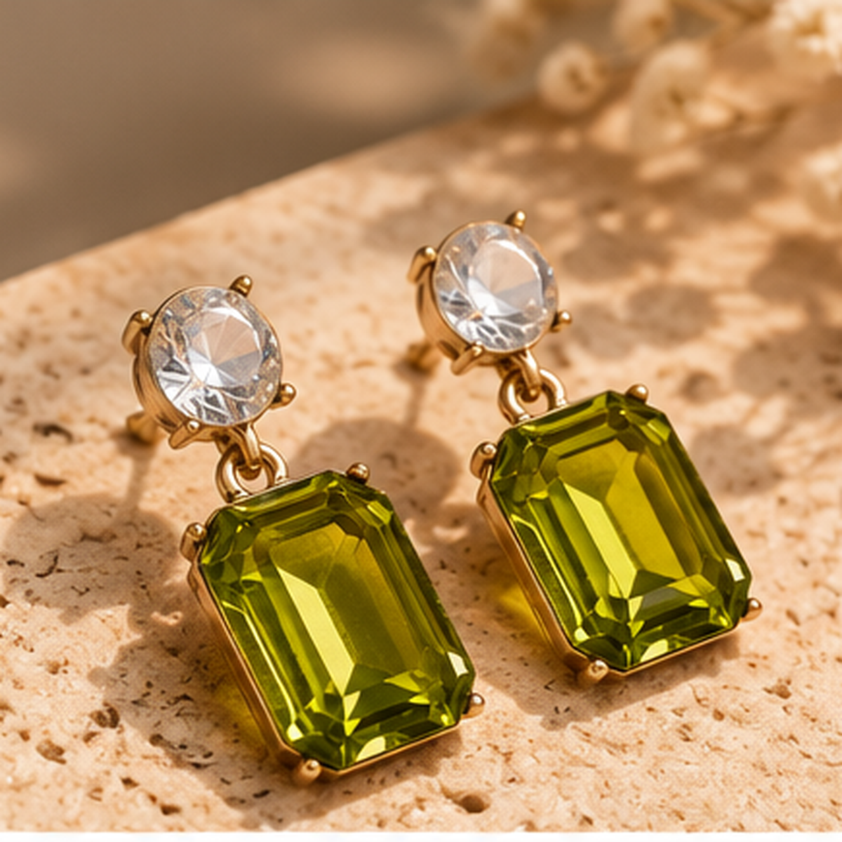 Olive and Clear gemstone earrings styled on beige stone with natural warm light