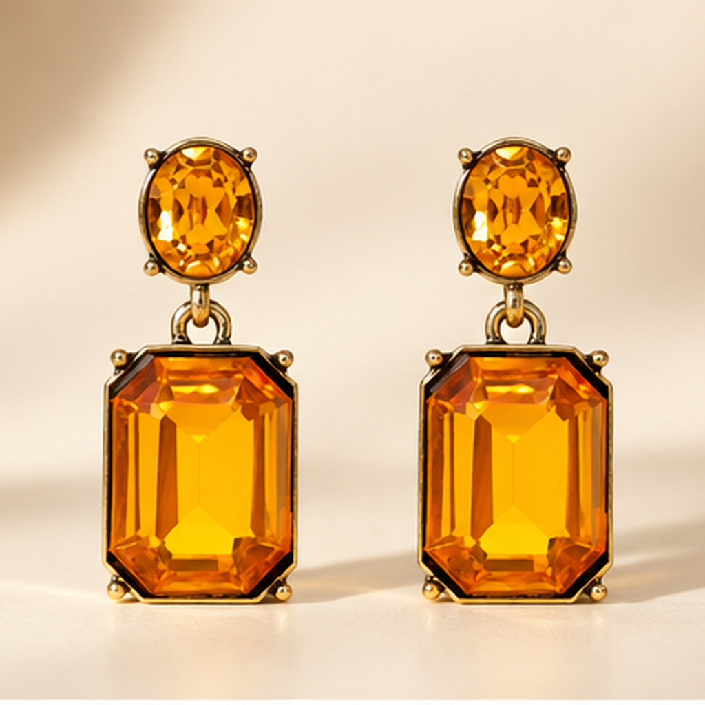 Marigold Oval Twin Gem earrings, symmetrical eCommerce front view with oval amber studs and rectangular gemstone drops